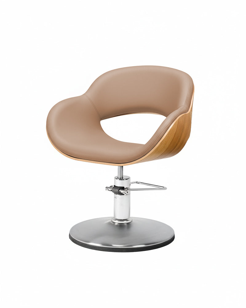 Thea Wood - Sedia da parrucchiere beige in legno con base tonda cromata
